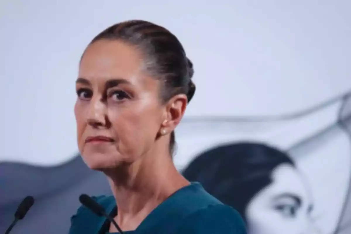 Woman with her hair tied back and a serious expression in front of two microphones with a blurred background Woman with her hair tied back and a serious expression in front of two microphones with a blurred background
