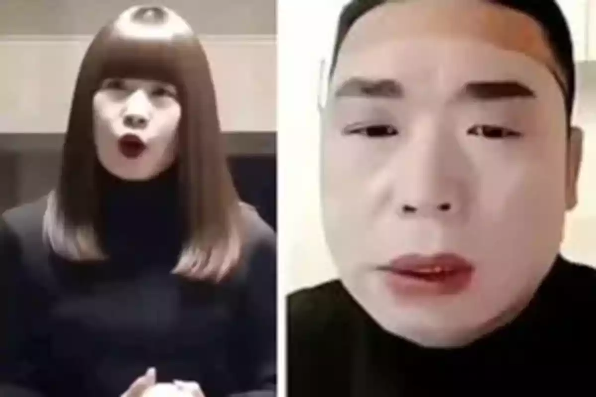 Comparación de una persona con peluca y maquillaje a la izquierda y la misma persona sin peluca mostrando el cambio de apariencia a la derecha
