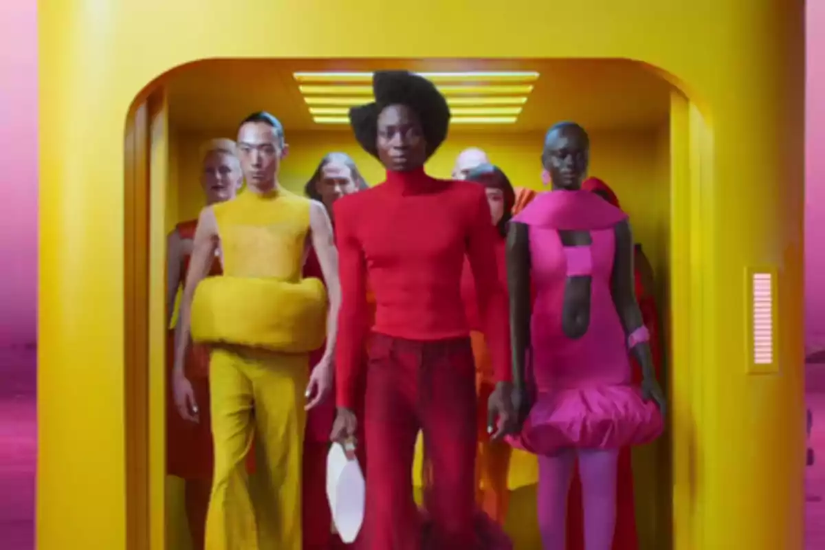 Grupo de personas con ropa colorida y futurista saliendo de una estructura amarilla con fondo rosa Grupo de personas con ropa colorida y futurista saliendo de una estructura amarilla con fondo rosa