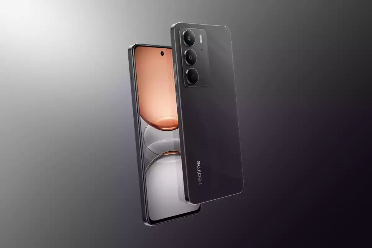 Two black Realme smartphones floating over a dark gray background, one showing the screen and the other the back with a triple camera. Two black Realme smartphones floating over a dark gray background, one showing the screen and the other the back with a triple camera.