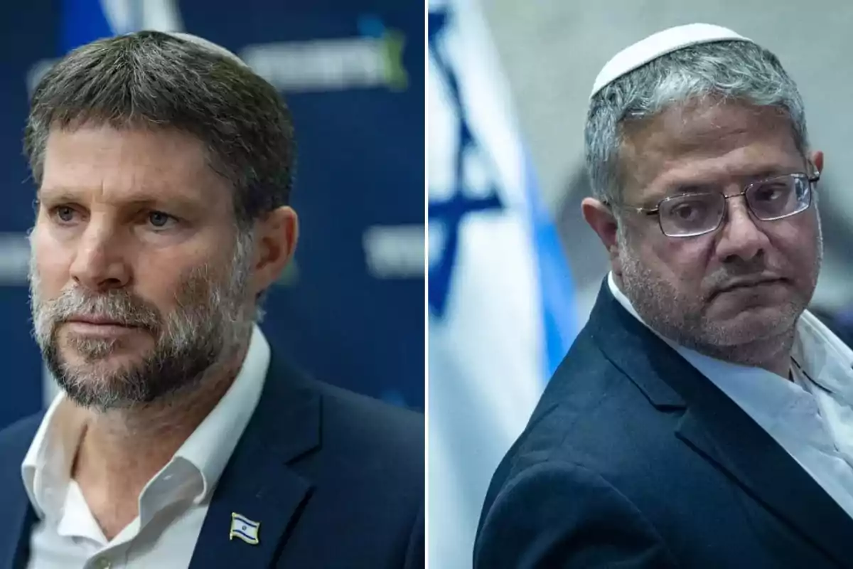 Two men wearing kippahs and suits appear in a photo montage, both with serious expressions and an Israeli flag in the background.