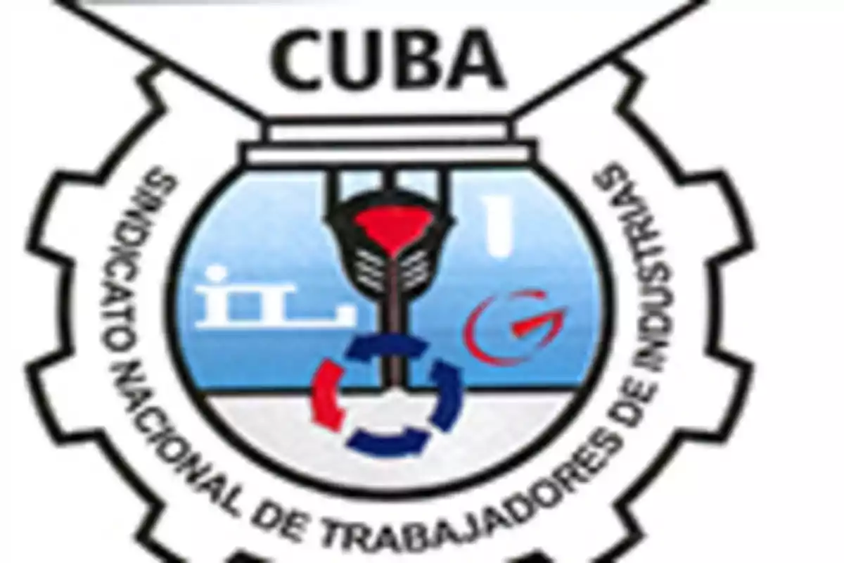 Logotipo del Sindicato Nacional de Trabajadores de Industrias de Cuba con engranaje y símbolos industriales en el centro Logotipo del Sindicato Nacional de Trabajadores de Industrias de Cuba con engranaje y símbolos industriales en el centro