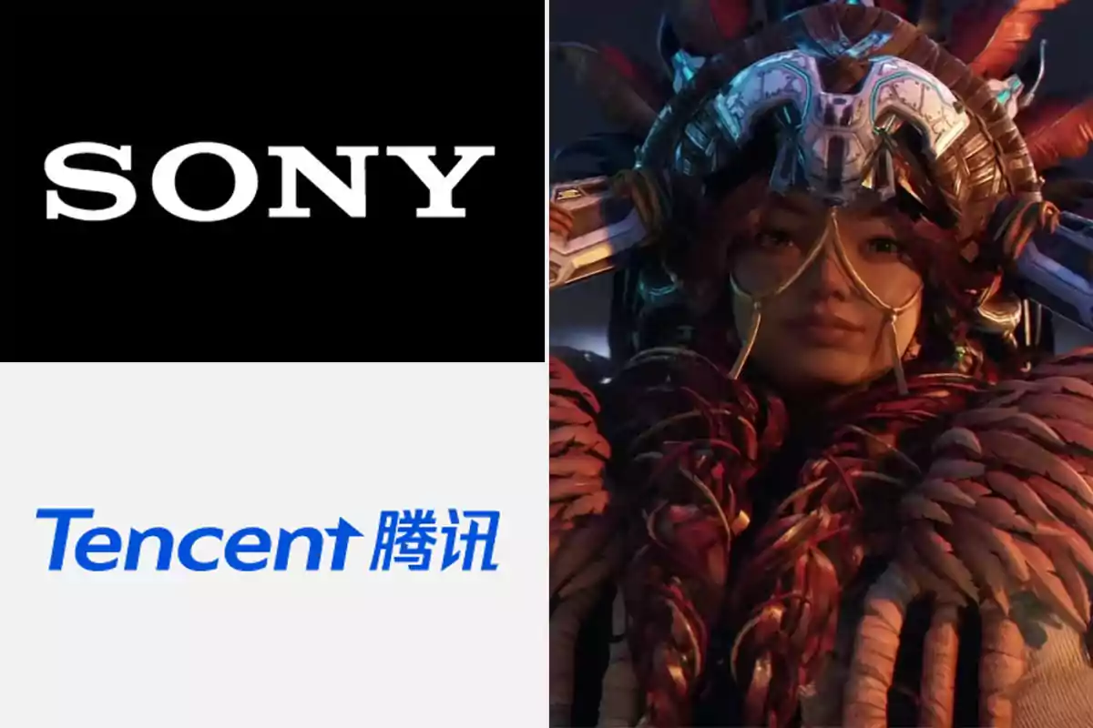 Logos de Sony y Tencent junto a un personaje femenino de videojuego con armadura futurista y detalles en tonos rojos y dorados