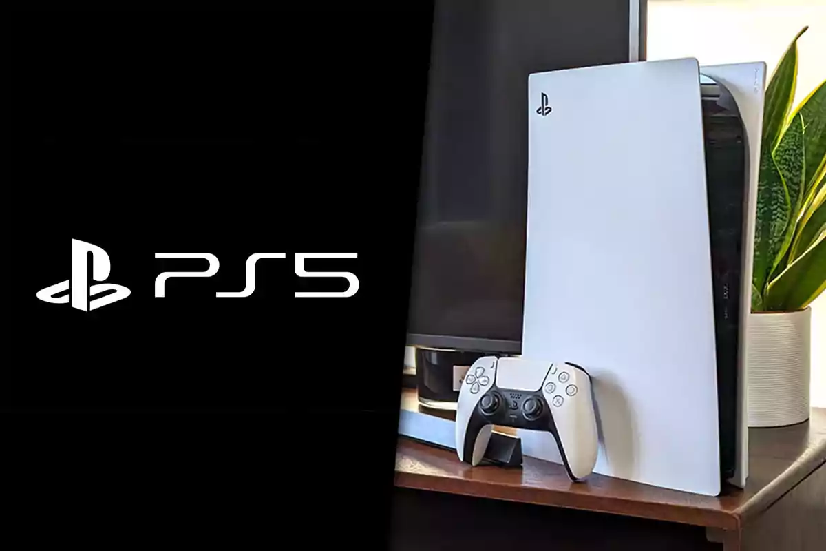 White PlayStation 5 console next to a DualSense controller on a table, with a plant and a TV in the background and the PS5 logo on the left