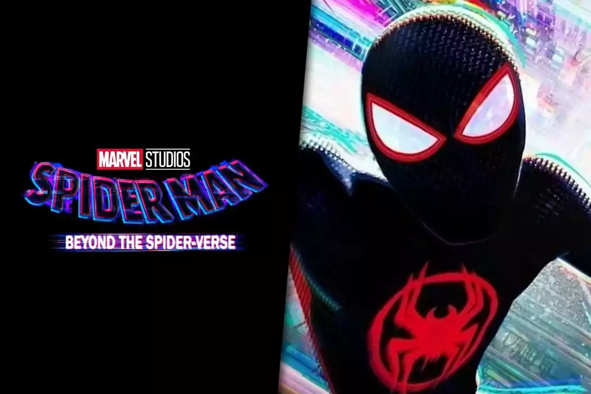 Imagen promocional de la película Spider-Man Beyond the Spider-Verse con el logo de Marvel Studios y el personaje Miles Morales en primer plano usando su traje negro con detalles rojos