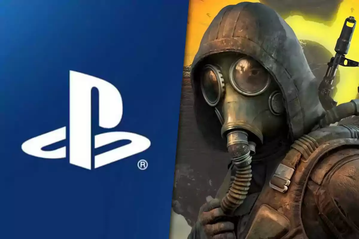 PlayStation logo next to a character wearing a gas mask and hood in a post-apocalyptic setting