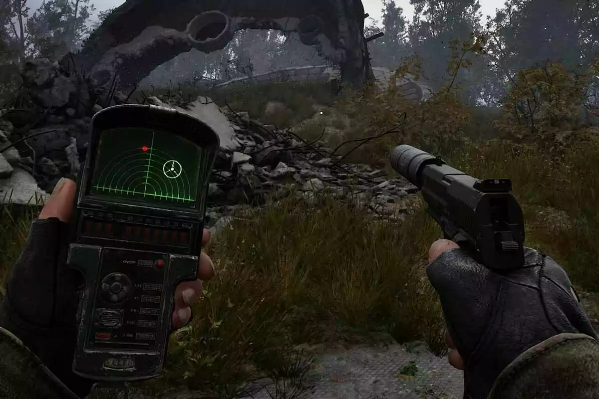 Person holding a detector and a silenced pistol in a wooded environment with ruins, with a concrete arch in the background Person holding a detector and a silenced pistol in a wooded environment with ruins, with a concrete arch in the background