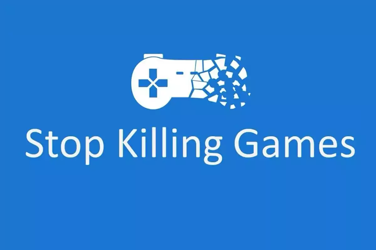Control de videojuego desintegrándose junto al texto Stop Killing Games sobre fondo azul Control de videojuego desintegrándose junto al texto Stop Killing Games sobre fondo azul