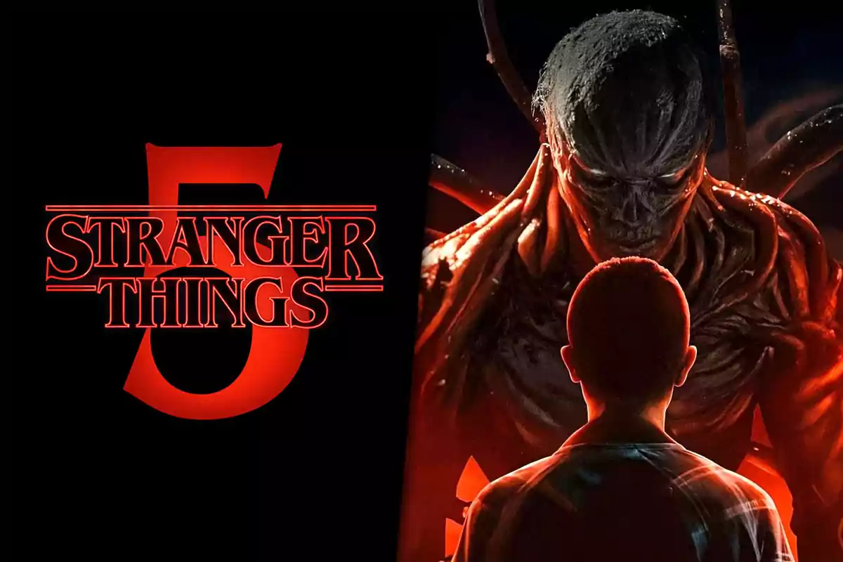 Stranger Things 5 logo next to the image of a monster facing a person from behind