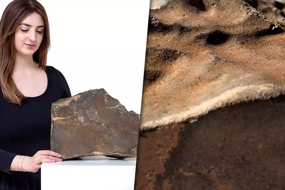 A woman holds a large brown meteorite while a close-up of the meteorite’s rocky surface is shown on the right.