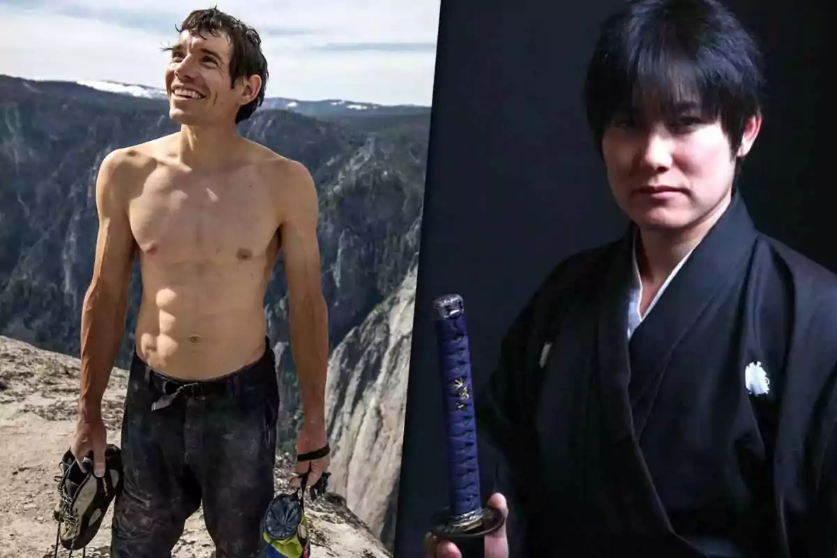 A jerseyless man holding climbing gear on a mountain and another person dressed in a black kimono holding a katana against a dark background