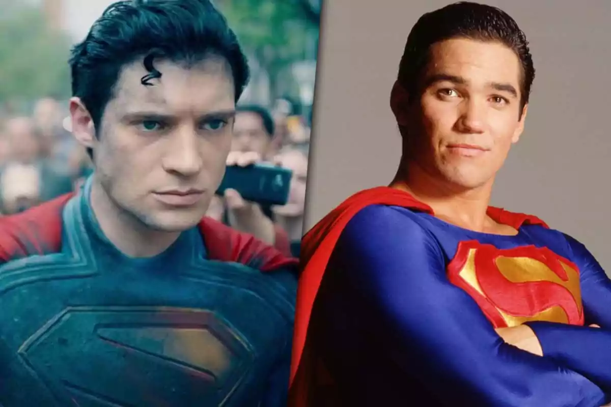 Dos actores diferentes interpretando a Superman, uno con un traje moderno y expresión seria, el otro con un traje clásico y una expresión relajada