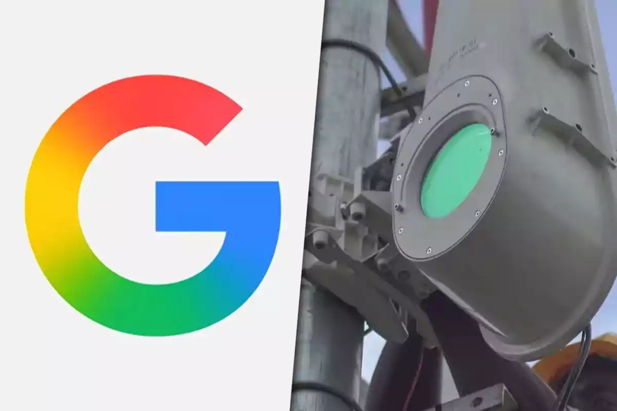Logo de Google junto a un dispositivo tecnológico montado en un poste