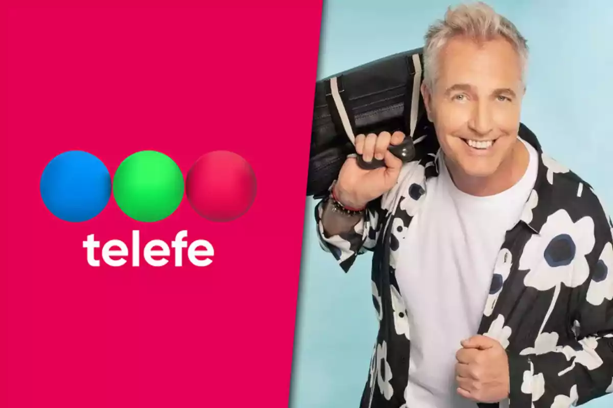 Smiling man with gray hair and a patterned jersey holds a bag over his shoulder next to the Telefe logo on a pink background