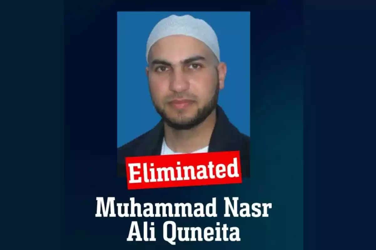 Portrait of a man with a white cap and a beard with the text Eliminated and the name Muhammad Nasr Ali Quneita at the bottom.