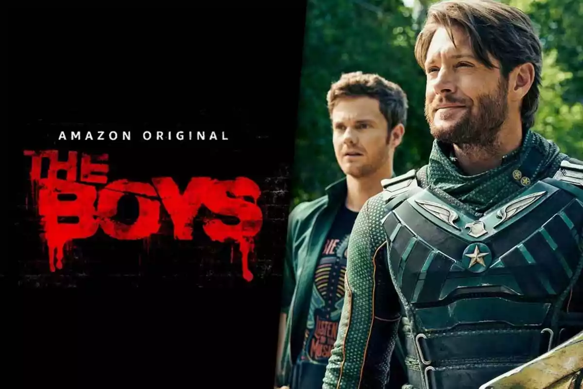 Dos personajes de la serie The Boys aparecen en primer plano, uno de ellos con un traje de superhéroe, junto al logo rojo de la serie y el texto Amazon Original sobre un fondo negro