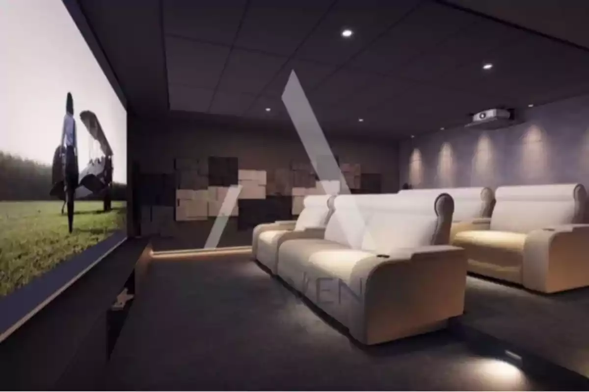 Sala de cine en casa con sillones beige y proyector mostrando una película en pantalla grande Sala de cine en casa con sillones beige y proyector mostrando una película en pantalla grande
