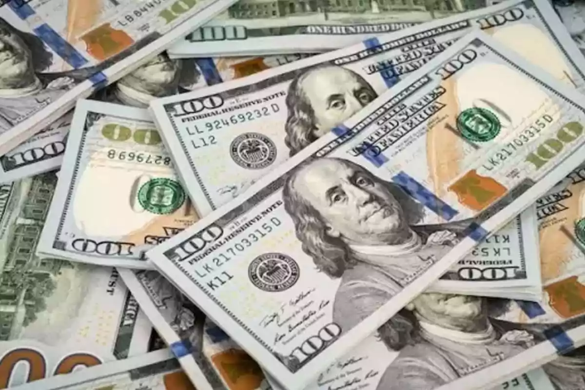 Billetes de cien dólares estadounidenses apilados y esparcidos Billetes de cien dólares estadounidenses apilados y esparcidos