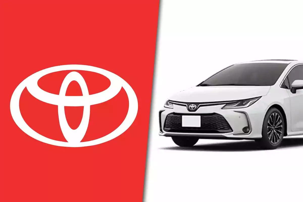 Toyota logo next to a white car of the brand