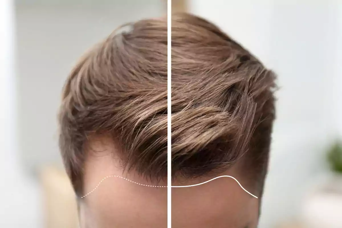 Comparación del cabello de un hombre antes y después de un tratamiento capilar Comparación del cabello de un hombre antes y después de un tratamiento capilar