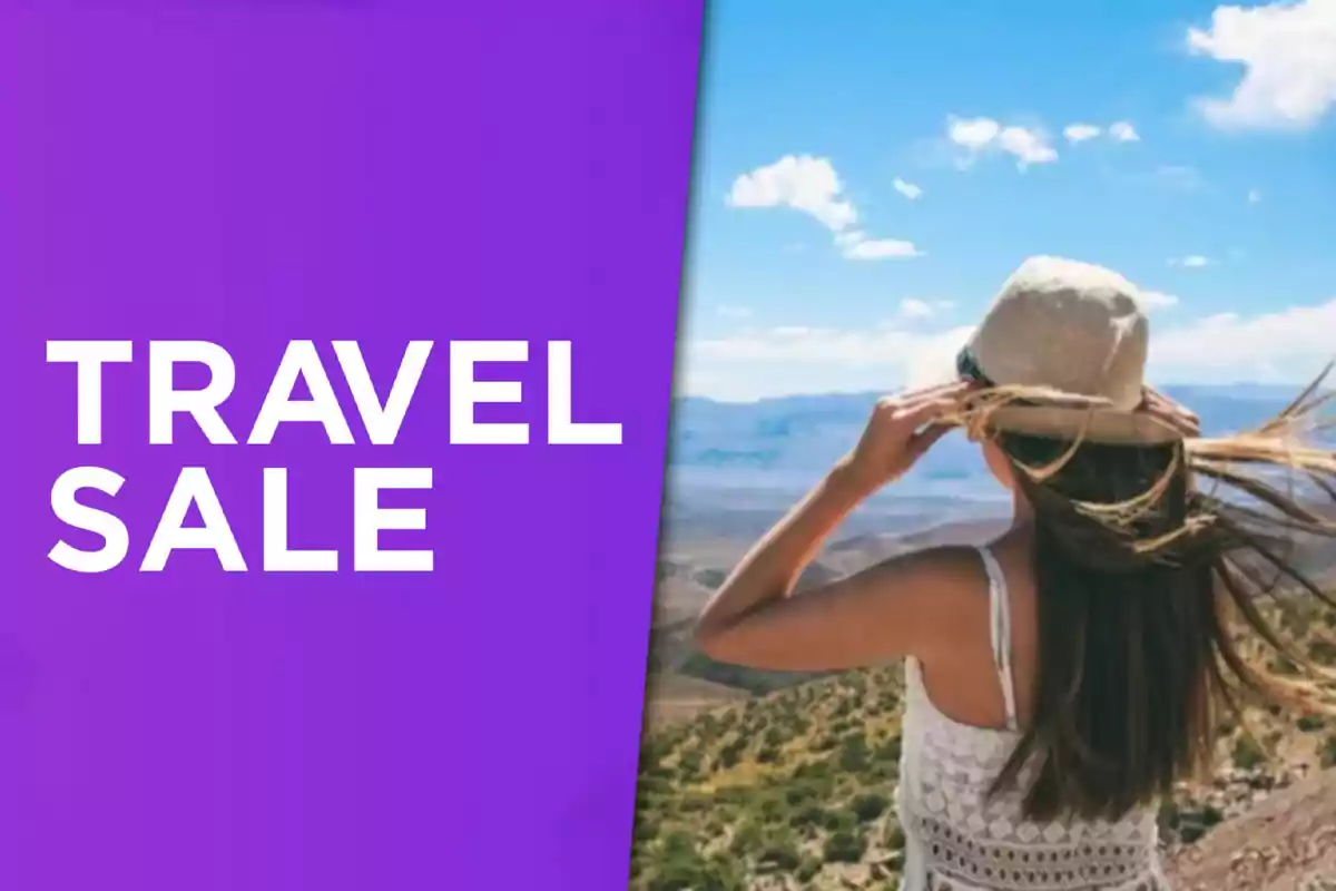 Promoción de viajes con fondo morado y una mujer de espaldas mirando un paisaje montañoso bajo un cielo azul