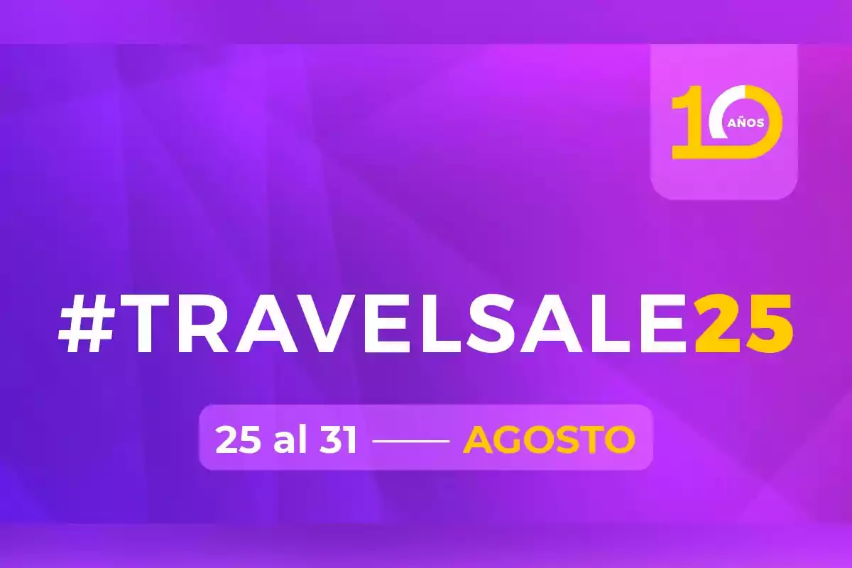 Promoción Travel Sale 25 del 25 al 31 de agosto con fondo morado y logo de 10 años en la esquina superior derecha Promoción Travel Sale 25 del 25 al 31 de agosto con fondo morado y logo de 10 años en la esquina superior derecha