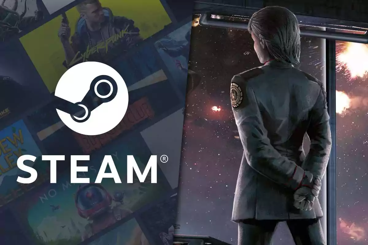 Steam logo in the foreground with several video games in the background and a figure seen from behind observing outer space