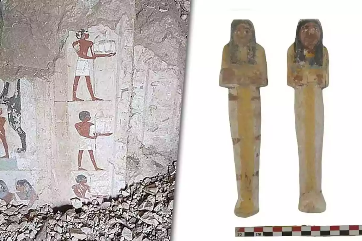 Egyptian mural paintings with human figures and two yellow funerary statuettes with black and red details on a white background