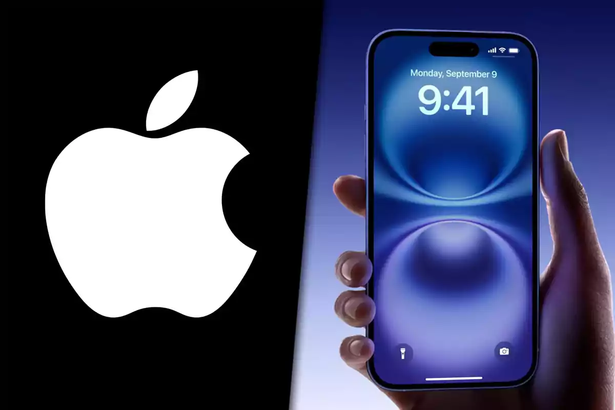 Apple logo on a black background next to a hand holding an iPhone with the screen on