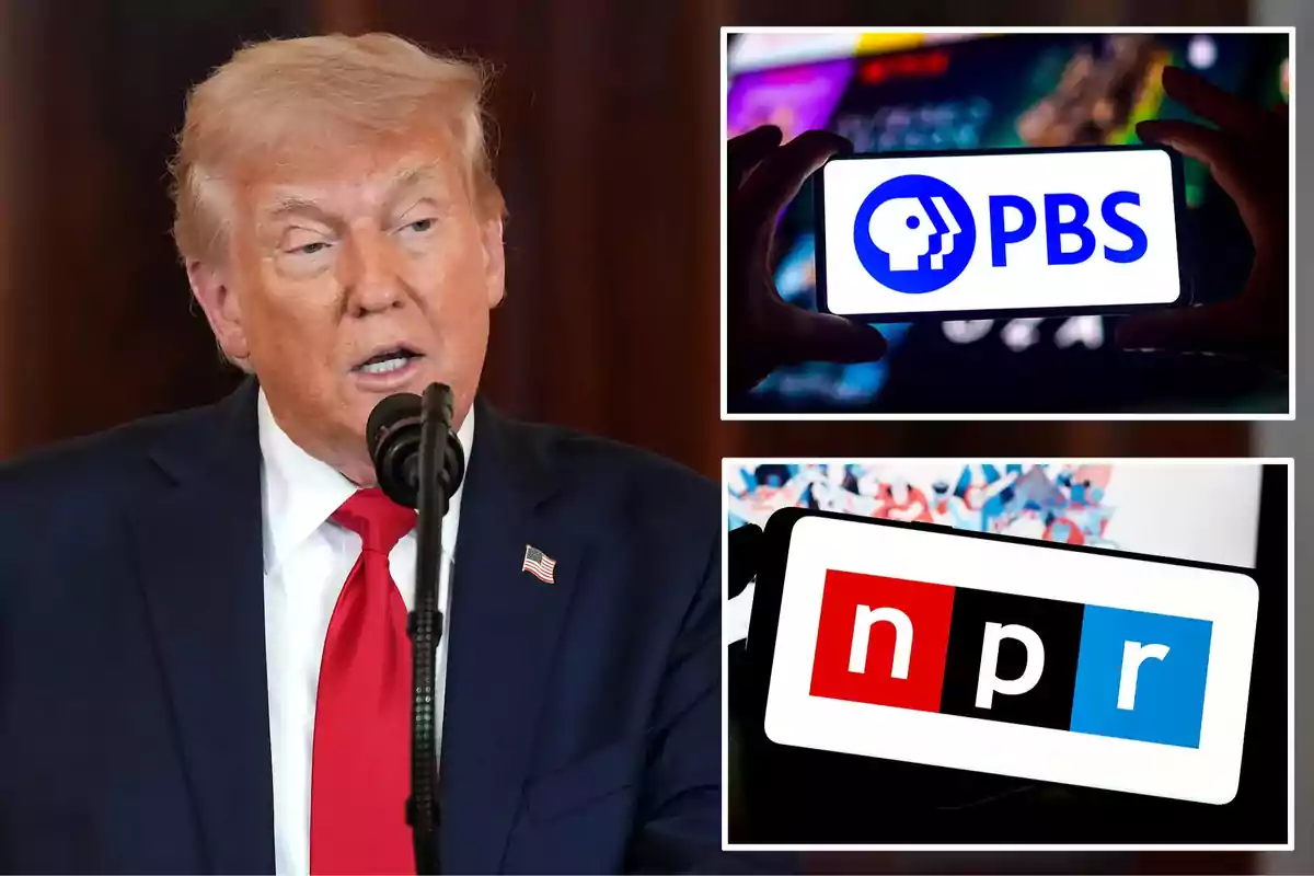 Un hombre de cabello rubio y corbata roja habla frente a un micrófono mientras en la esquina aparecen dos imágenes de teléfonos mostrando los logotipos de PBS y NPR.