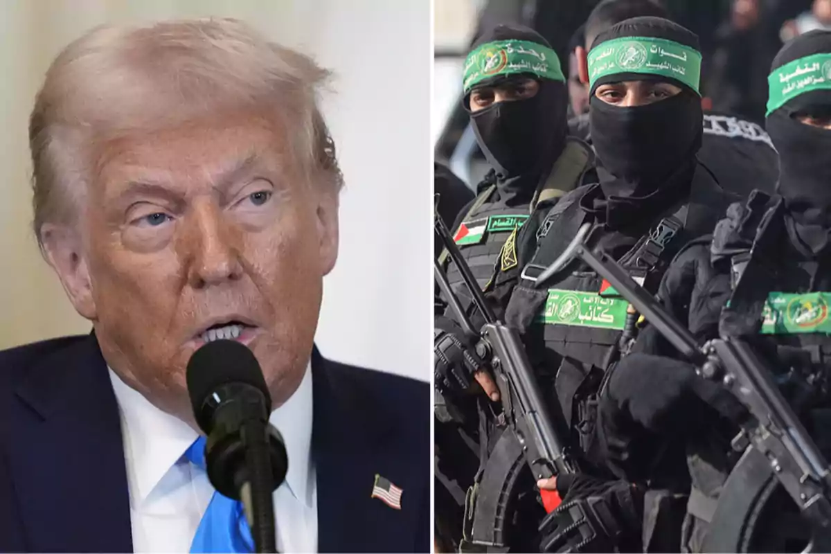 A blond-haired man speaking into a microphone next to a group of armed people wearing dark uniforms and green bandanas on their heads A blond-haired man speaking into a microphone next to a group of armed people wearing dark uniforms and green bandanas on their heads