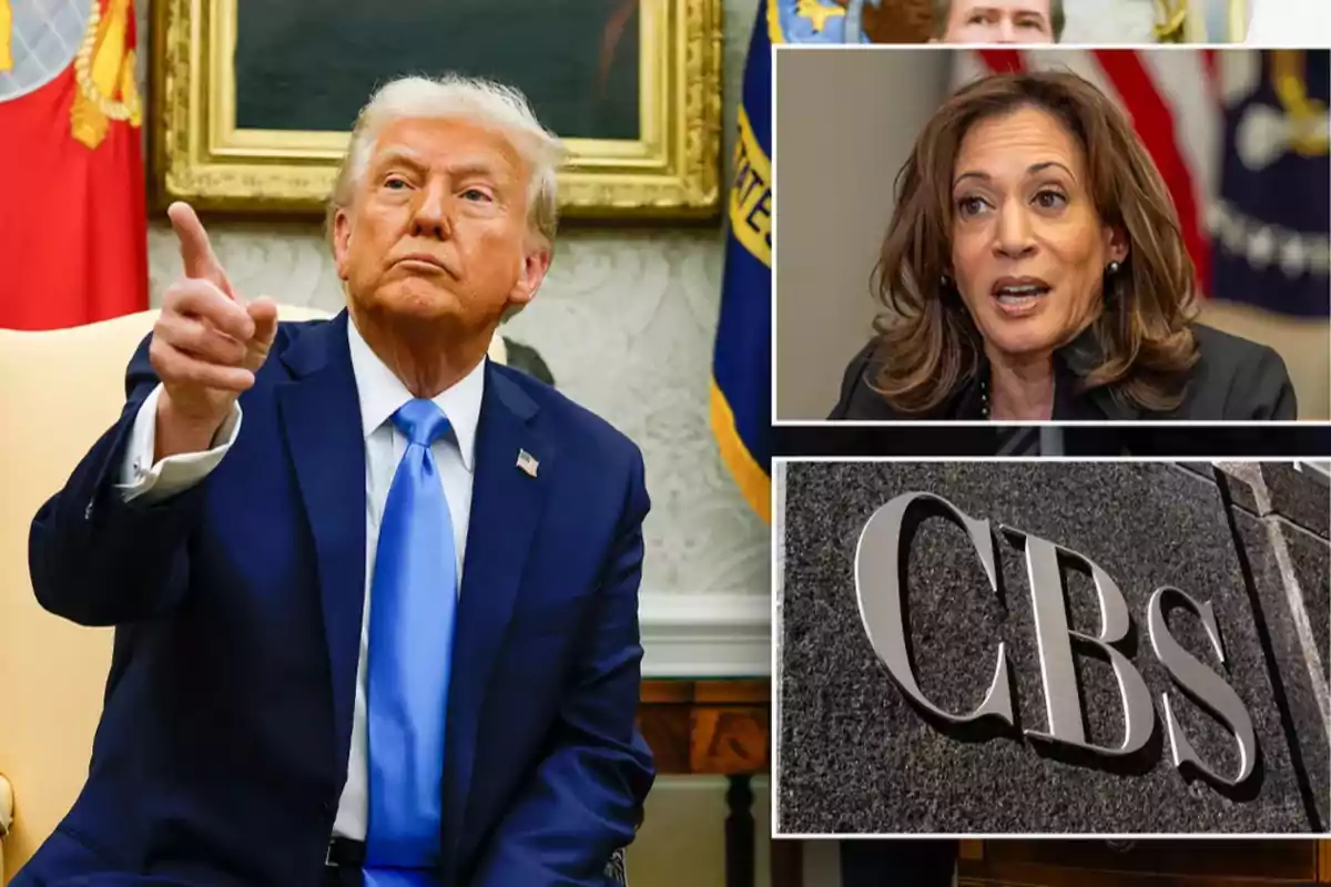 Un hombre de traje azul señala con el dedo mientras en la esquina superior derecha aparece una mujer hablando y en la parte inferior derecha se muestra el logo de CBS en una pared.