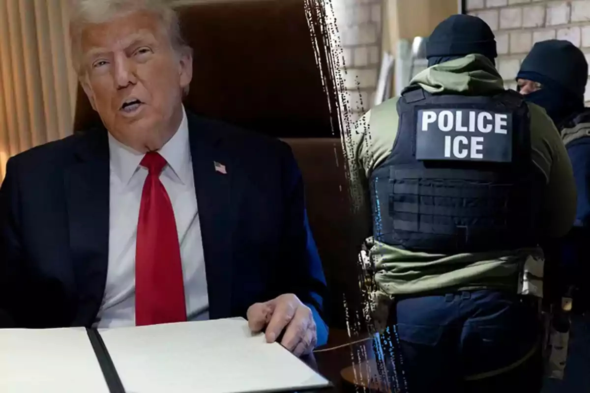 A man in a dark suit and red tie is sitting in front of a desk with a document, while two agents wearing vests that say Police ICE are seen from behind in a different setting. A man in a dark suit and red tie is sitting in front of a desk with a document, while two agents wearing vests that say Police ICE are seen from behind in a different setting.