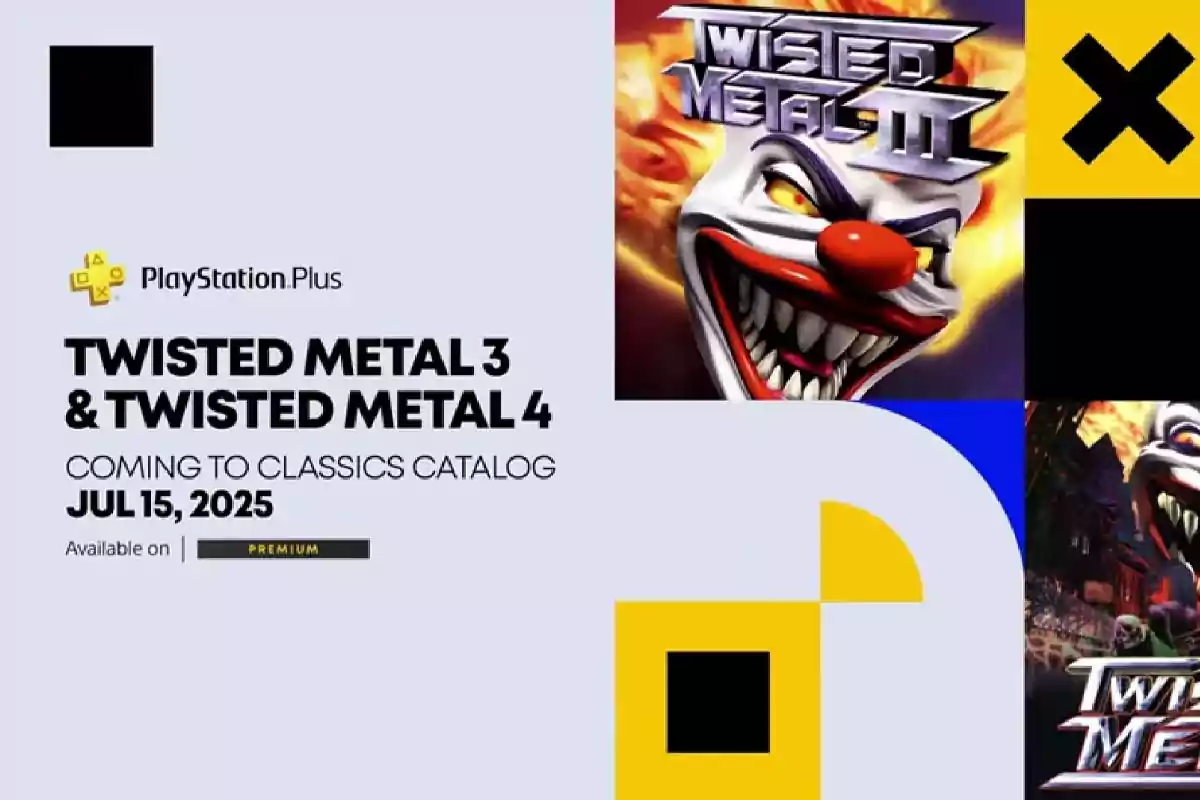 Anuncio de PlayStation Plus sobre la llegada de Twisted Metal 3 y Twisted Metal 4 al catálogo de clásicos el 15 de julio de 2025, disponible en la suscripción Premium, acompañado de las portadas de los juegos y gráficos coloridos. Anuncio de PlayStation Plus sobre la llegada de Twisted Metal 3 y Twisted Metal 4 al catálogo de clásicos el 15 de julio de 2025, disponible en la suscripción Premium, acompañado de las portadas de los juegos y gráficos coloridos.