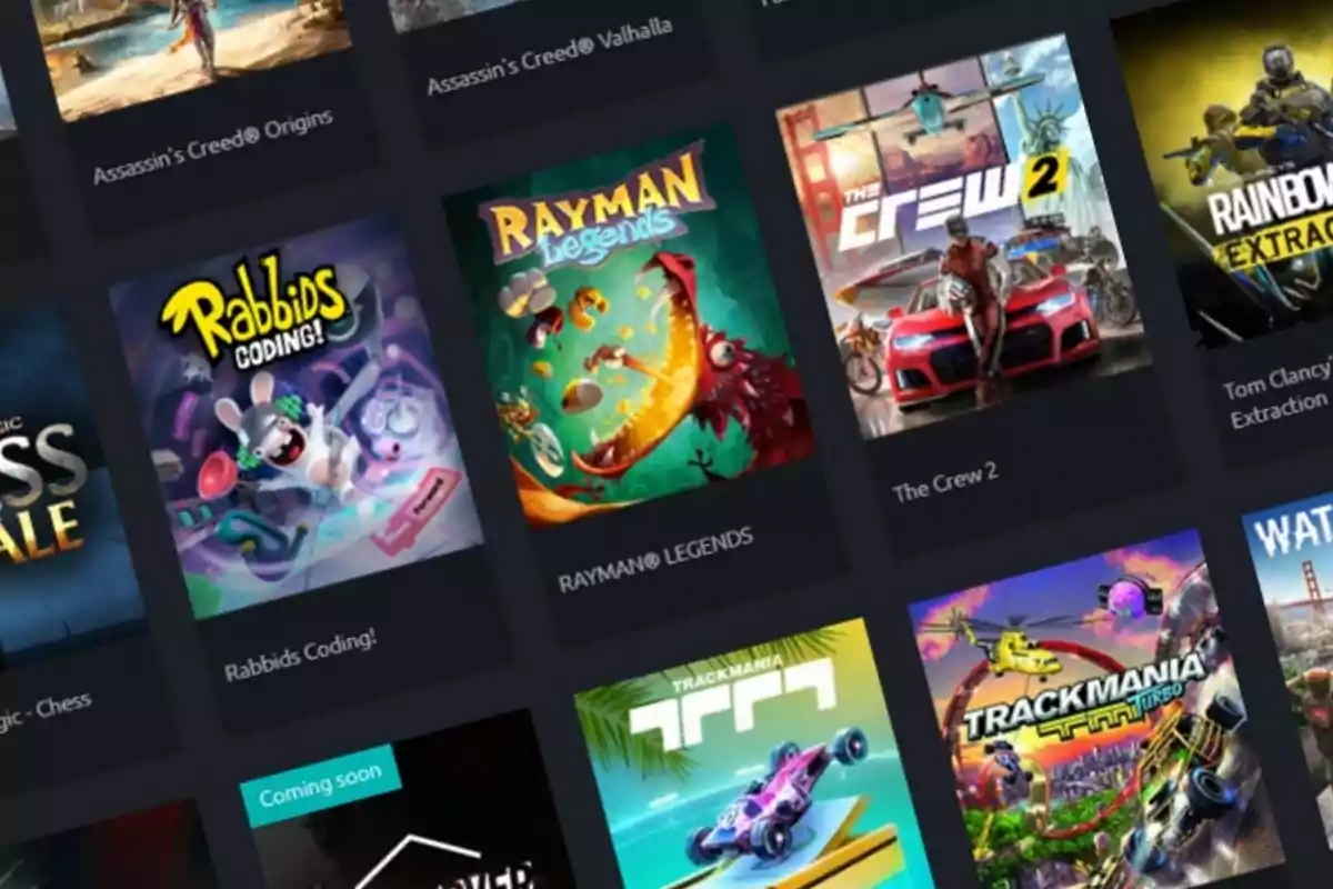 Varias portadas de videojuegos populares como Rabbids Coding, Rayman Legends, The Crew 2 y Trackmania Turbo aparecen en una cuadrícula sobre un fondo oscuro Varias portadas de videojuegos populares como Rabbids Coding, Rayman Legends, The Crew 2 y Trackmania Turbo aparecen en una cuadrícula sobre un fondo oscuro