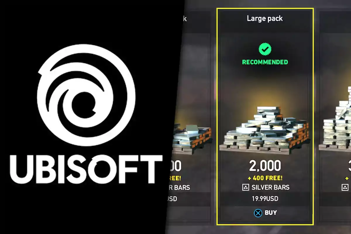 Logo de Ubisoft a la izquierda y a la derecha una pantalla de compra de barras de plata en un videojuego con un paquete grande recomendado por 19.99 dólares