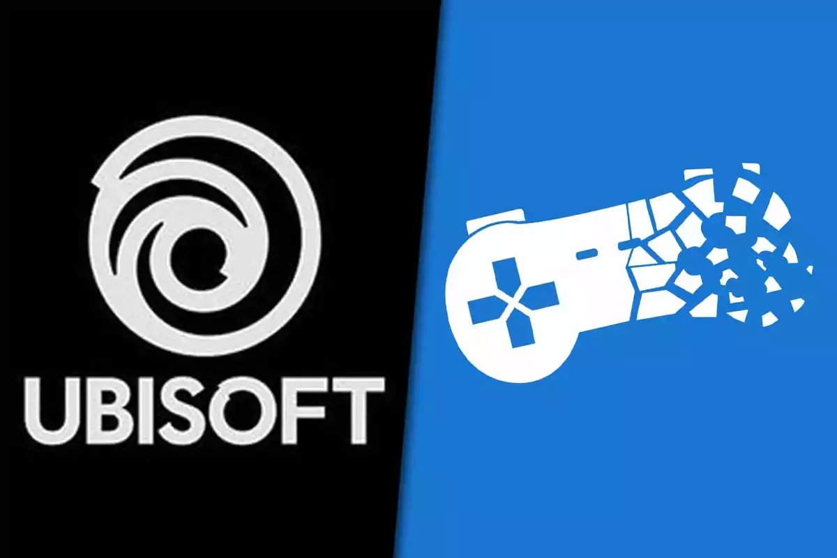 Logo de Ubisoft a la izquierda y un control de videojuego desintegrándose a la derecha sobre fondo azul