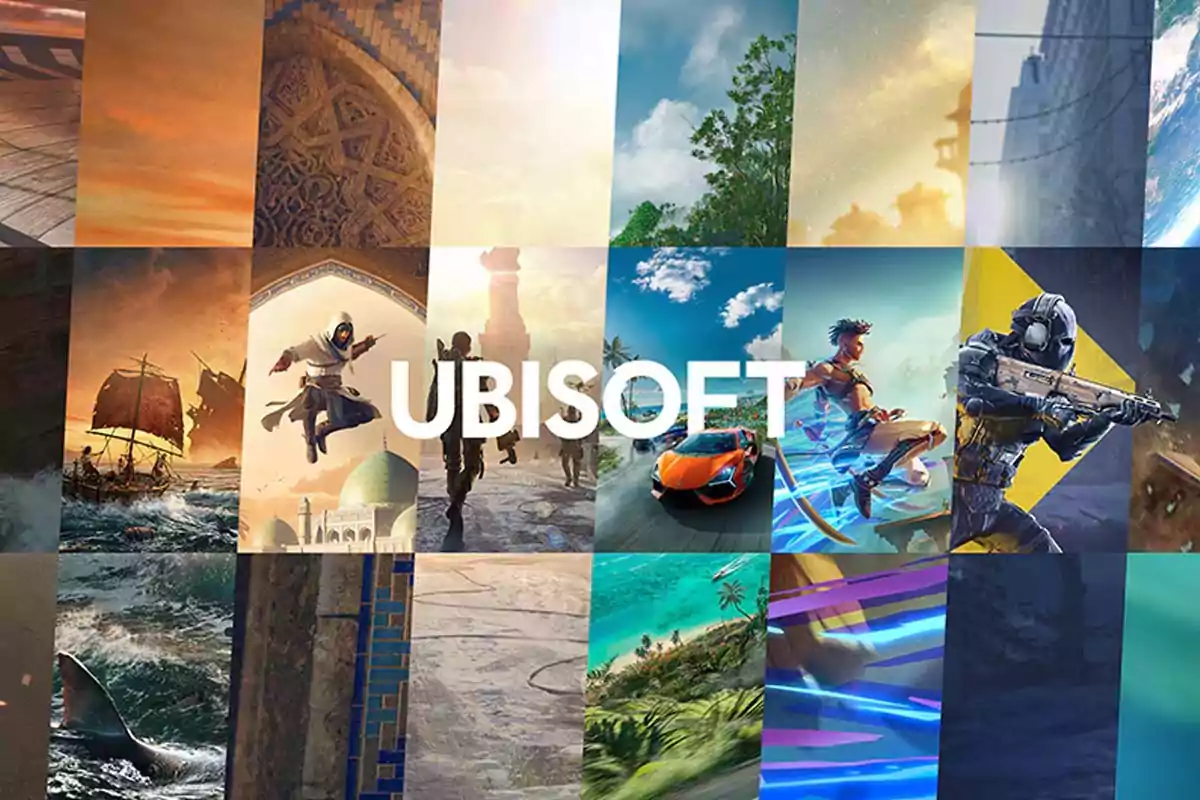 Collage colorido de escenas de videojuegos con el logo de Ubisoft en el centro Collage colorido de escenas de videojuegos con el logo de Ubisoft en el centro