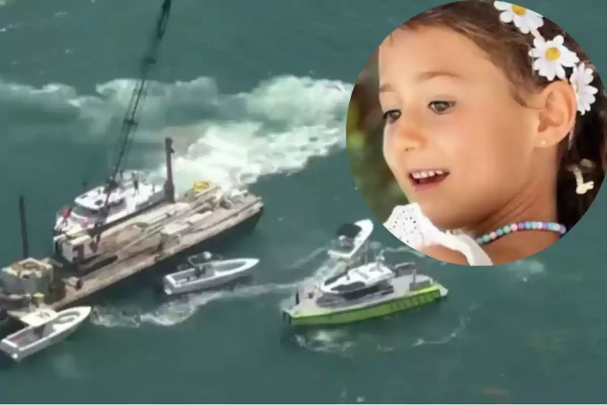 Several boats and a crane are working at sea while, in the corner, the image of a girl with a flower headband and a beaded necklace appears. Several boats and a crane are working at sea while, in the corner, the image of a girl with a flower headband and a beaded necklace appears.