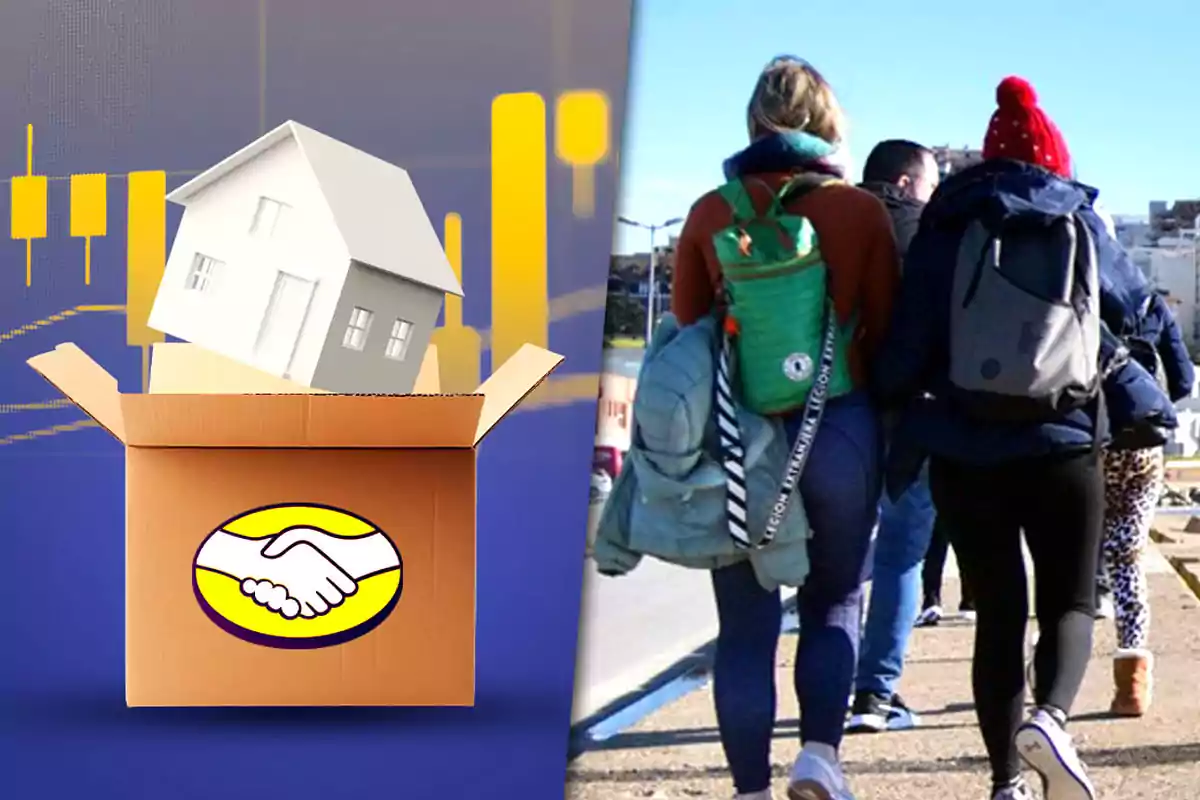 Una caja de cartón con una casa en miniatura y el logo de un apretón de manos junto a un grupo de personas caminando por la calle con mochilas