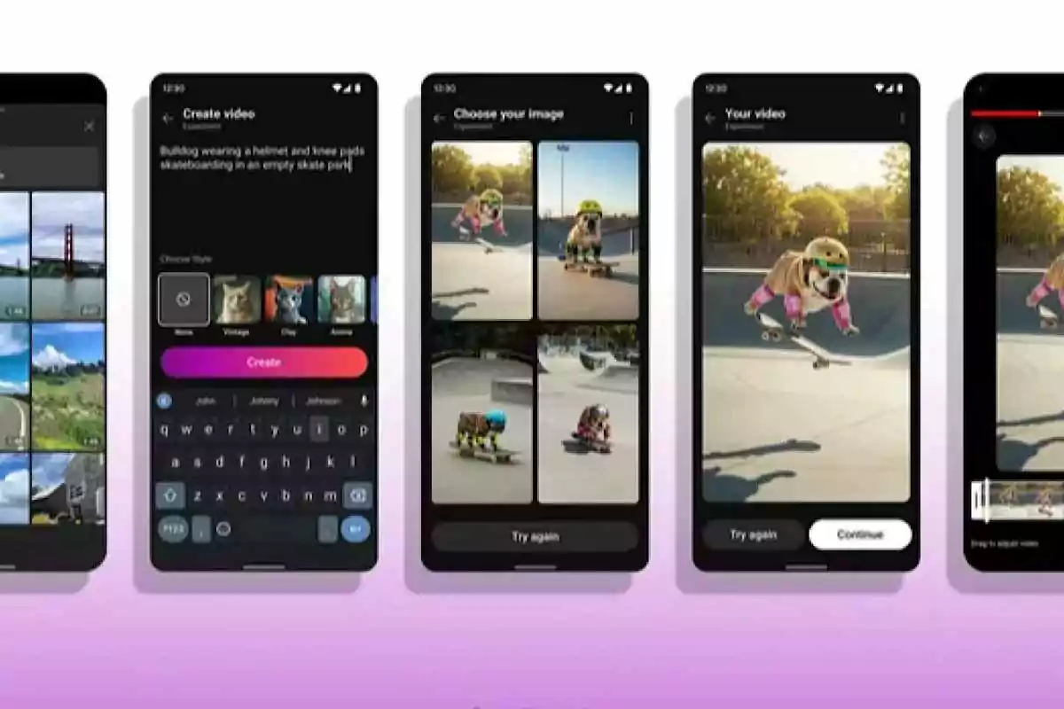 Cinco pantallas de un teléfono móvil muestran el proceso de creación de un video con inteligencia artificial donde un bulldog con casco y rodilleras anda en patineta en un parque de patinaje Cinco pantallas de un teléfono móvil muestran el proceso de creación de un video con inteligencia artificial donde un bulldog con casco y rodilleras anda en patineta en un parque de patinaje
