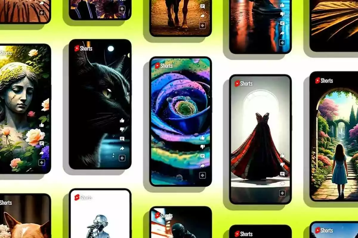 Varios teléfonos móviles muestran diferentes videos cortos con imágenes coloridas y artísticas en sus pantallas sobre un fondo amarillo claro. Varios teléfonos móviles muestran diferentes videos cortos con imágenes coloridas y artísticas en sus pantallas sobre un fondo amarillo claro.