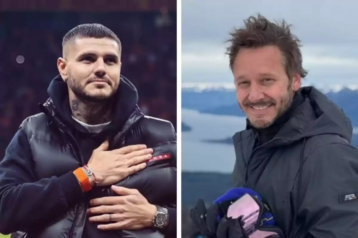 Dos hombres posan en diferentes lugares, uno en un estadio con la mano en el pecho y otro al aire libre con un paisaje de montañas y agua de fondo