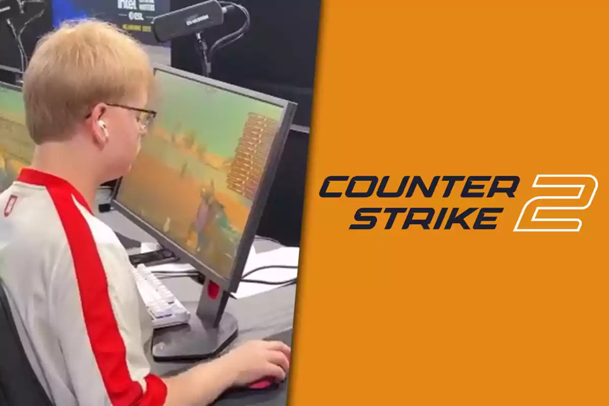 Joven con auriculares jugando en una computadora mientras en la parte derecha aparece el logo de Counter Strike 2 sobre un fondo naranja