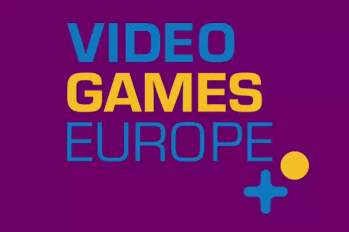 Logo con las palabras VIDEO GAMES EUROPE en letras azules y amarillas sobre fondo morado, acompañado de un círculo amarillo y una cruz azul en la parte inferior derecha Logo con las palabras VIDEO GAMES EUROPE en letras azules y amarillas sobre fondo morado, acompañado de un círculo amarillo y una cruz azul en la parte inferior derecha