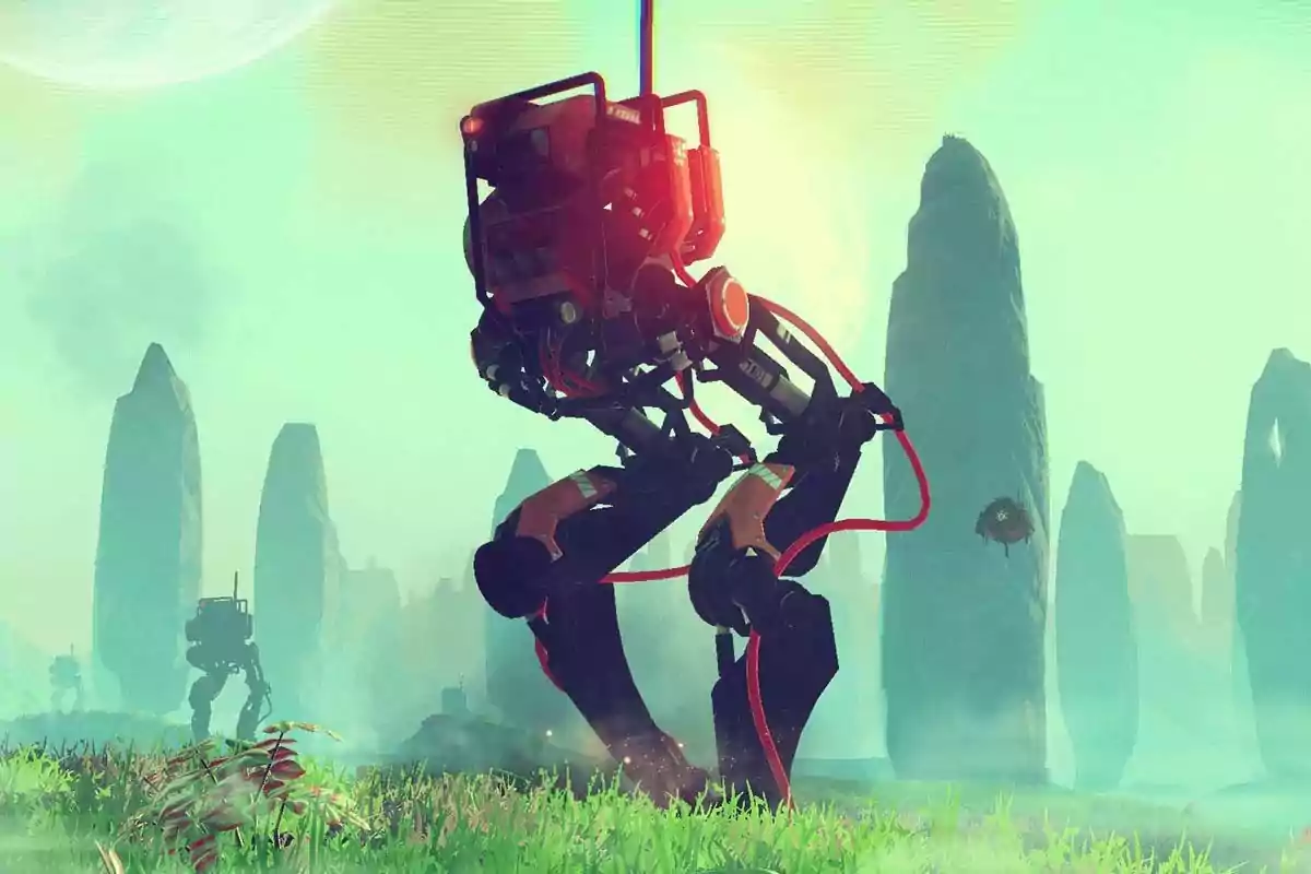 Un robot de gran tamaño camina sobre un paisaje alienígena con formaciones rocosas verticales y vegetación verde bajo una luz suave. Un robot de gran tamaño camina sobre un paisaje alienígena con formaciones rocosas verticales y vegetación verde bajo una luz suave.