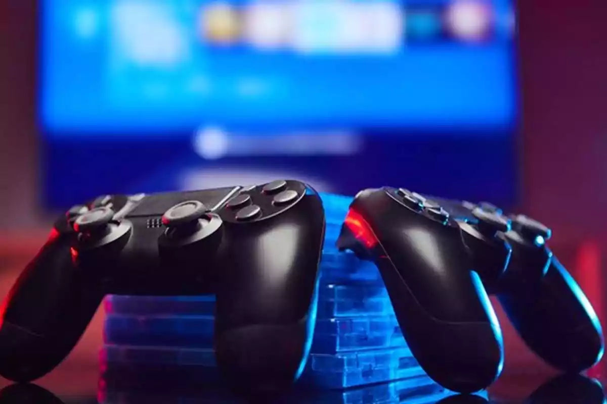 Dos controles de videojuego negros sobre cajas de juegos con una pantalla azul desenfocada al fondo Dos controles de videojuego negros sobre cajas de juegos con una pantalla azul desenfocada al fondo