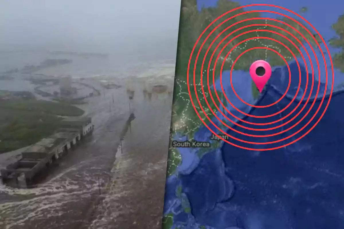 Vista de una ciudad inundada junto a un mapa con un marcador y ondas concéntricas en el océano cerca de Japón