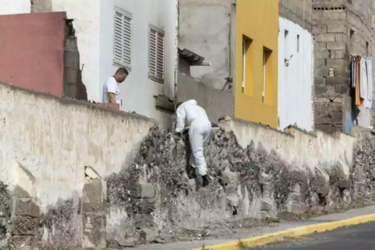 Person in a white protective suit climbing a stone wall next to a house while another person watches from inside the yard Person in a white protective suit climbing a stone wall next to a house while another person watches from inside the yard
