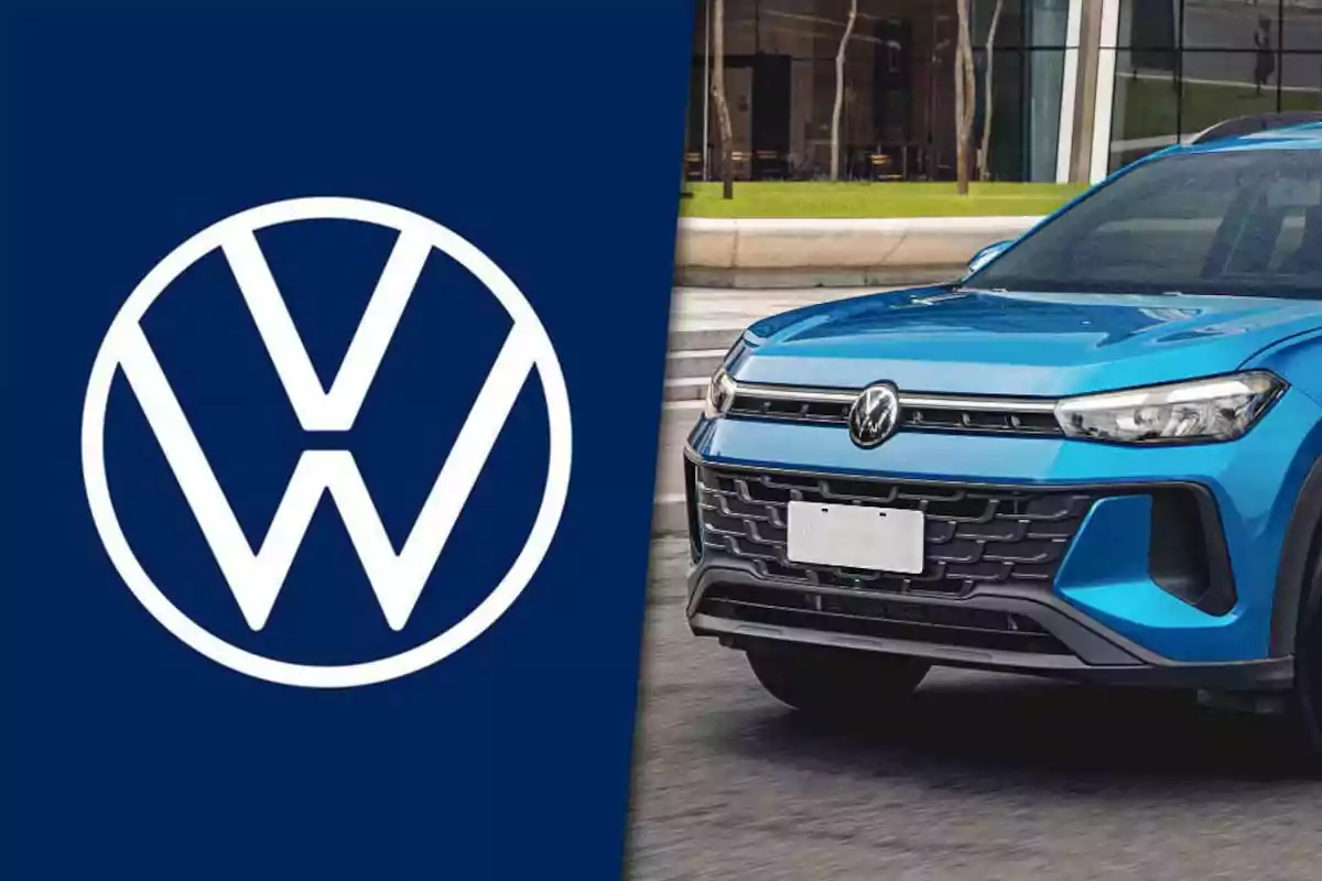 Volkswagen logo next to the front of a blue van of the same brand